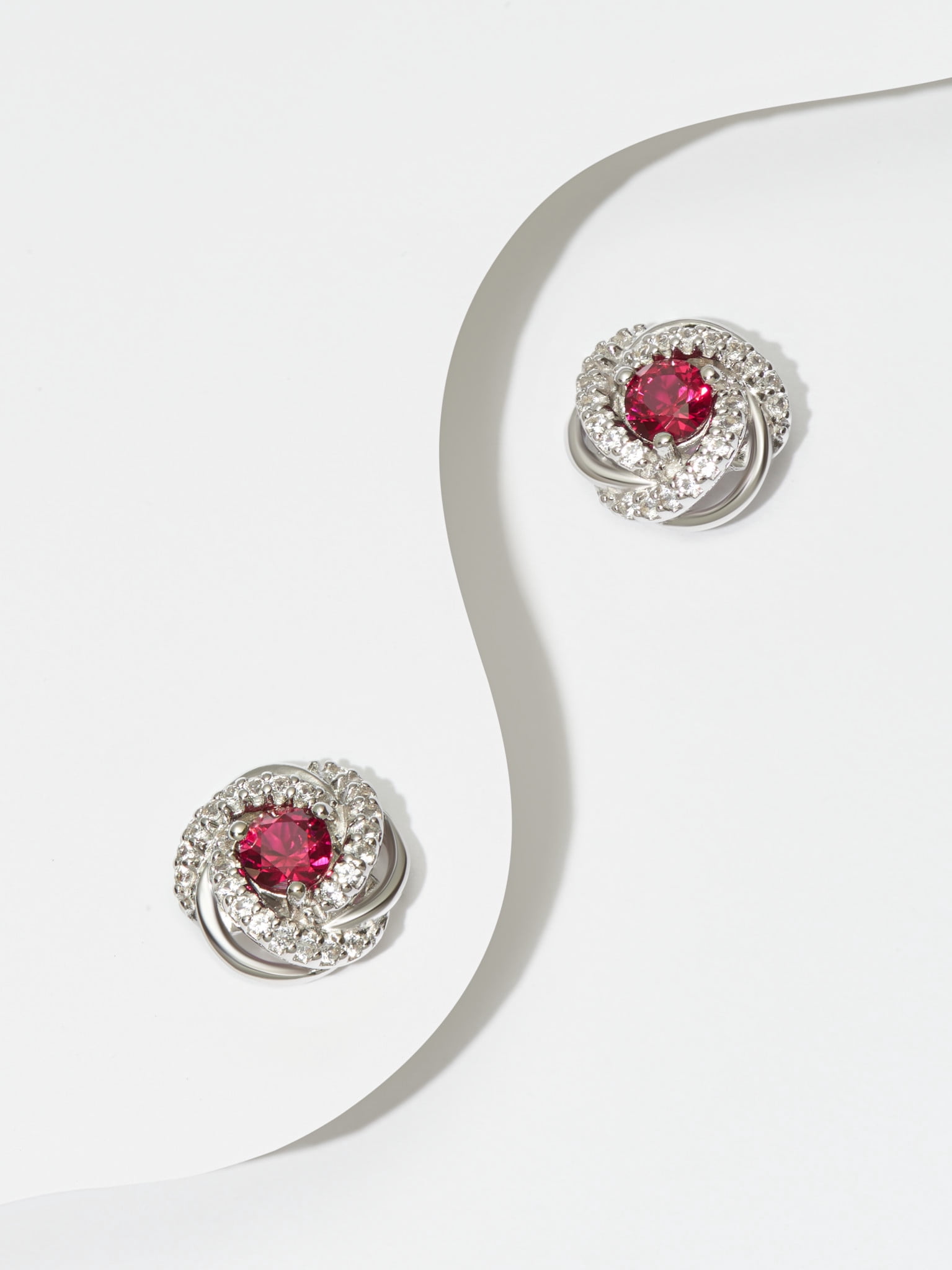 Rhodium Plated Sterling Silver Created Ruby July Birthstone Love Knot Stud Earrings for Women Gift for Her