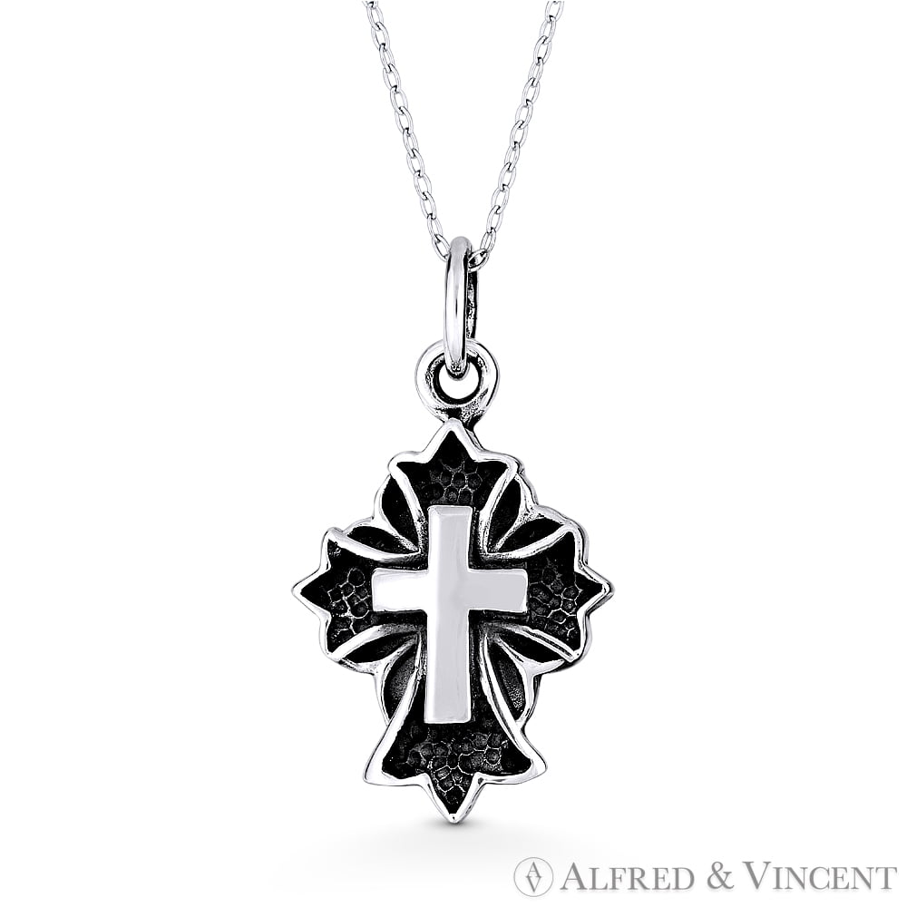 Latin Cross & "Hope" Script Oxidized 925 Sterling Silver Circle Pendant Necklace 