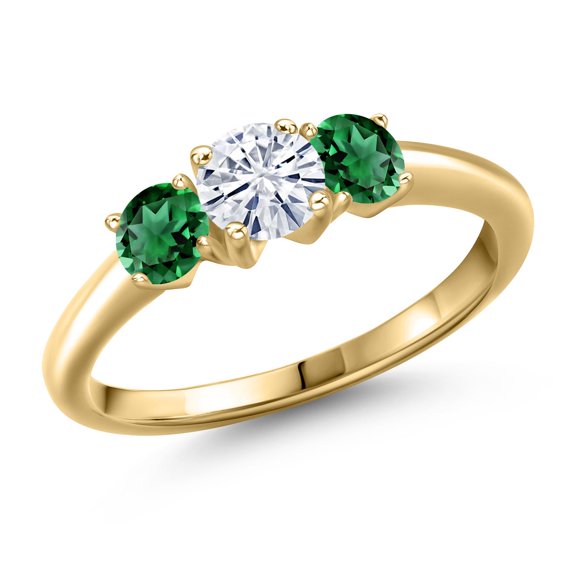 Gem Stone King 10K Yellow Gold White Moissanite and Green Nano Emerald Engagement Ring for Women | 1.10 Cttw | Round 5MM | Gemstone Birthstone | Size 9