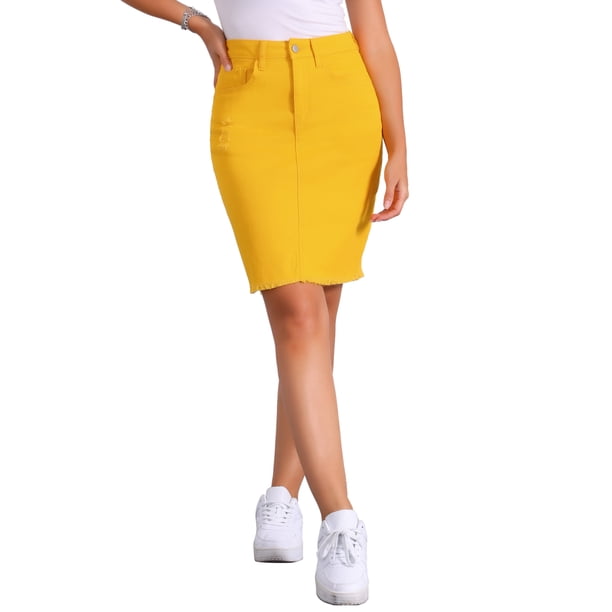 Faldas de mezclilla para mujer INSPIRE CHIC, desgastadas, de cintura alta, con dobladillo rasgado, faldas de jeans lavadas con bolsillos, color amarillo
