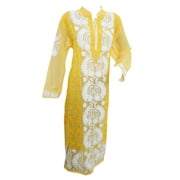 Mogul Woman's Long Tunic Yellow Floral Embroidered Georgette Ethnic Kurti Dress XL