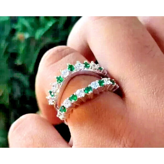 Dazzlingdaimonds Jewels 2.00 Ctw Round Cut Emerald & Diamond Wedding Anniversary Engagement Wrap Band Ring 14K White Gold Plated 925 Sterling Silver 925 Sterling Silver -4.5