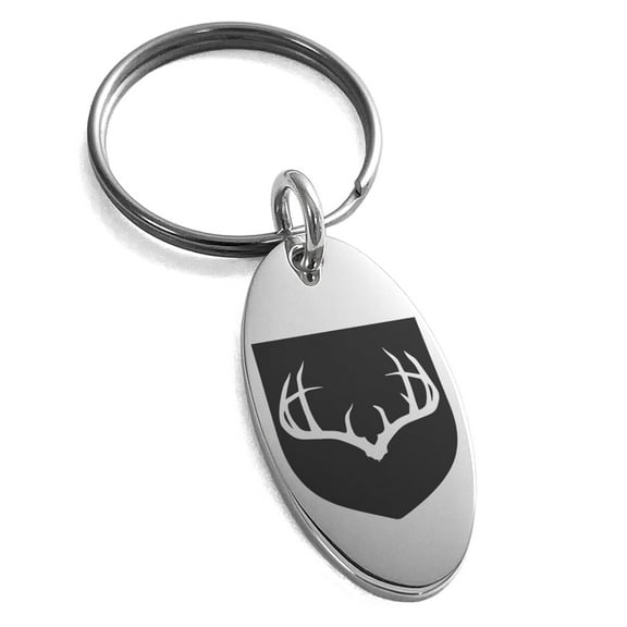 Tioneer Stainless Steel Antlers Fortitude Coat of Arms Shield Engraved Small Oval Charm Keychain Keyring