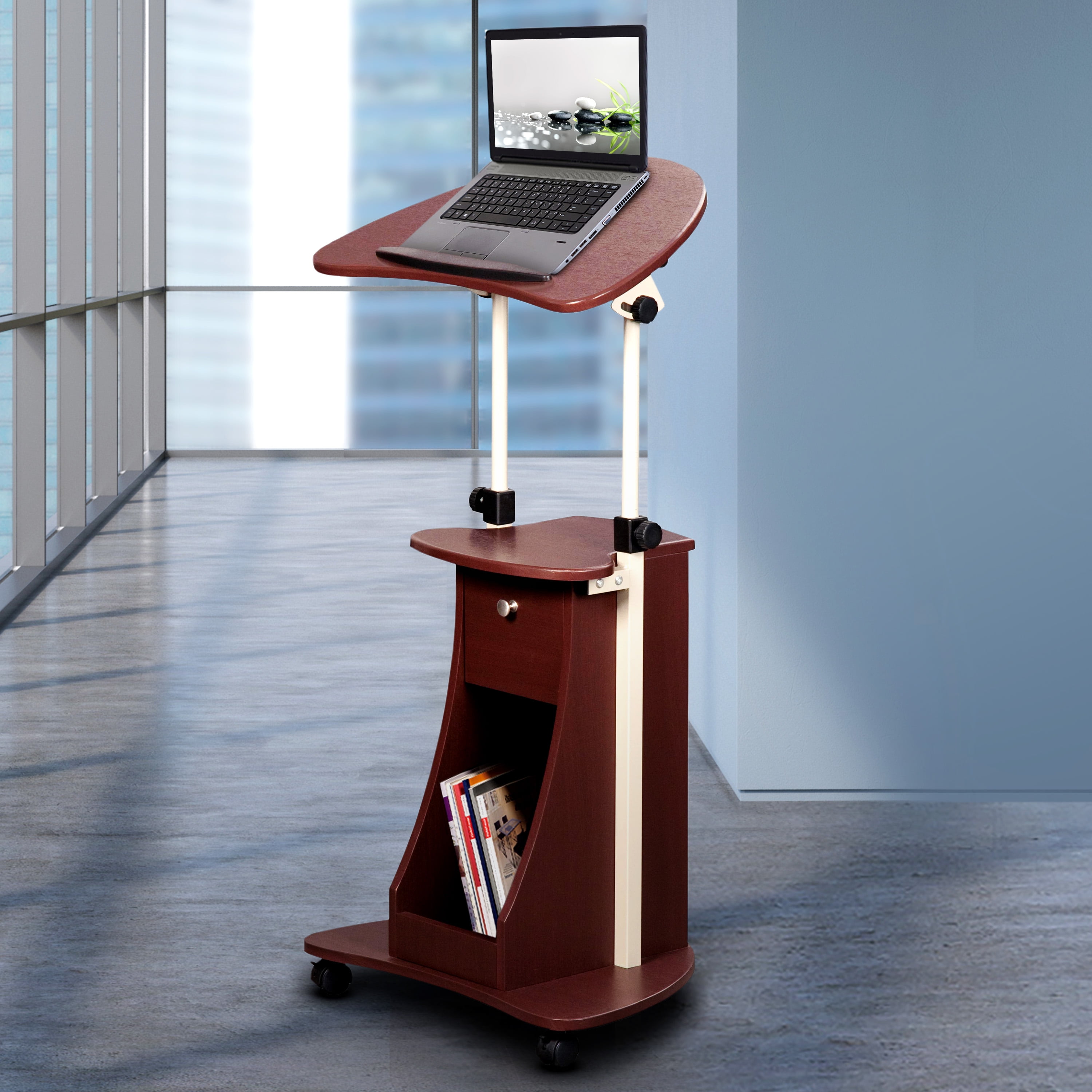Height Adjustable Podium Stand Mobile Lectern Podium, Rolling Desk 