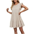 thumbnail image 2 of Teissuly Women's Solid Color Ruffle Elegant Loose Short Sleeved Round Neck Dress, 2 of 7