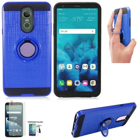 Lg Volt Phone Boost Mobile Cases Phone Case for Straight Talk LG Stylo 4 Prepaid / Boost Mobile LG Stylo 4 Case / LG Stylo 4 Case / Stylo 4 Plus Tempered Glass with Finger Holder (Ring-Stand Blue-Black TPU/Tempered Glass) ()