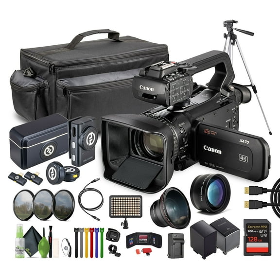 Canon XA70 PAL 4K UHD Camcorder 25p Bundle with 128GB Card, Battery, Charger, Wireless Mic, Video Tripod, Case, LED Light (International Model)