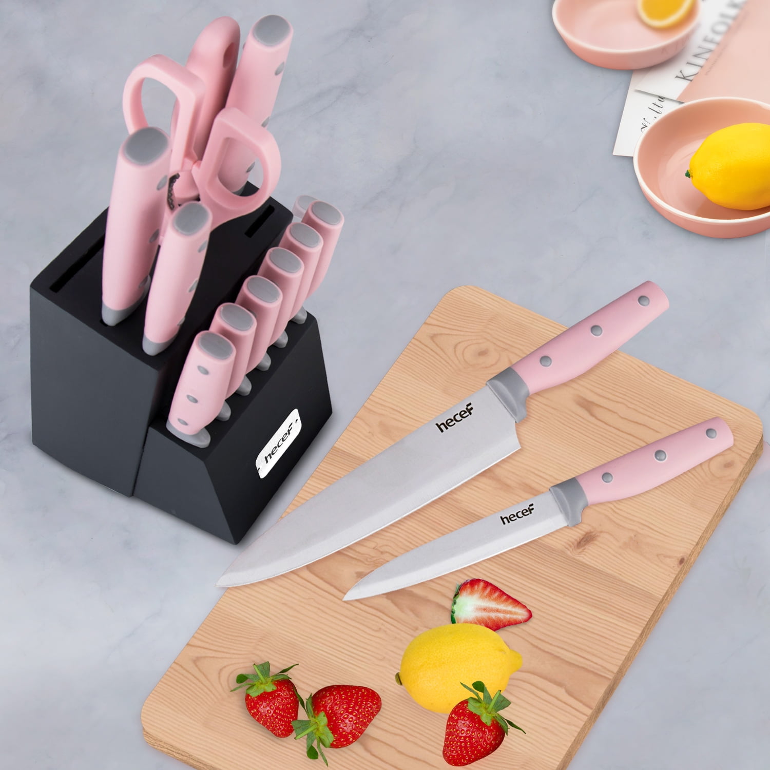 Hecef 15 Pcs Knife Set with Block Sharpener, High Carbon Stainless Steel Sharp Kitchen Knife, Size: 15 x 9 x 5.4, White
