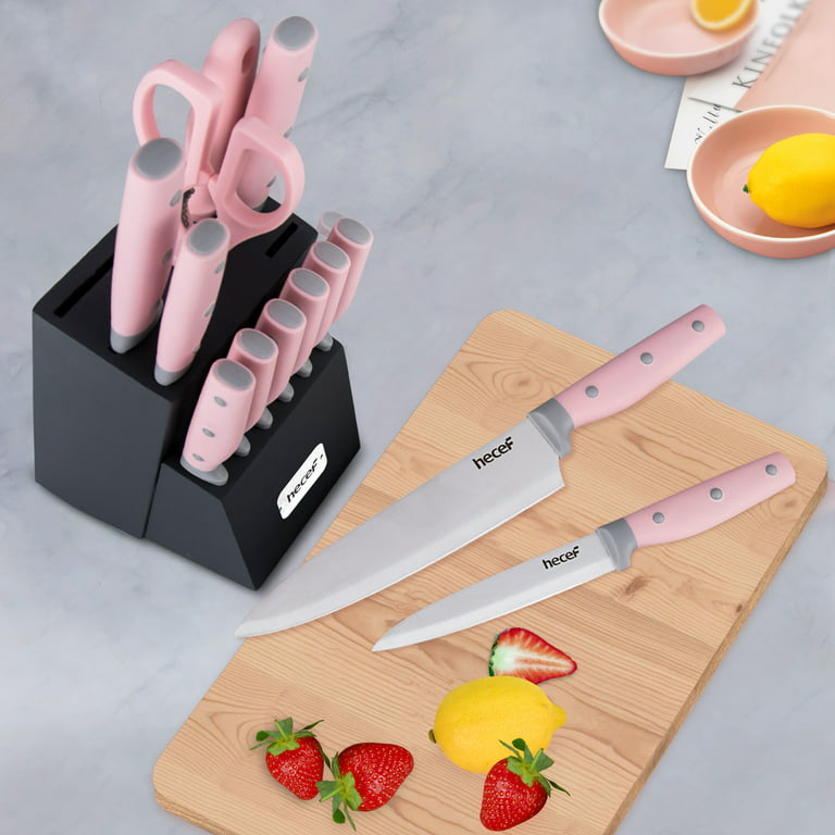  hecef 14 Pieces Knife Set with Block, Rainbow Titanium Knives  Set with Laser Pattern, Martensitic Stainless Steel Chef Knife Set with  Sharpener, Steak Knife, Scissors(Purple): Home & Kitchen