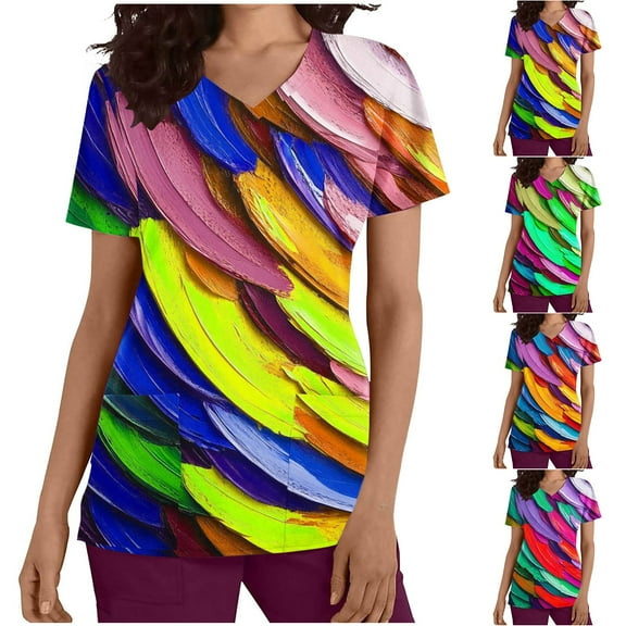 QATAINLAV Clearance Sales Today! Scrubs for Women V-Neck Short Sleeve Printed Scrub Tops Soft Stretch Nursing Scrubs Holiday Workwear with Pockets Blue L