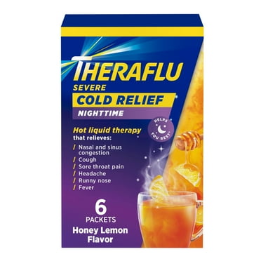 Theraflu Severe Cough Cold and Flu Nighttime Relief Medicine Powder With Acetaminophen, White Tea and Honey Lemon, 6 Count