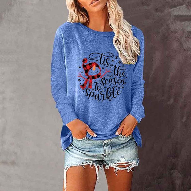 Chemises à Manches Longues pour Femmes Imprimé Décontracté de Noël Manches Longues Col Rond Hauts Blouses Décontractées Habillées en Solde