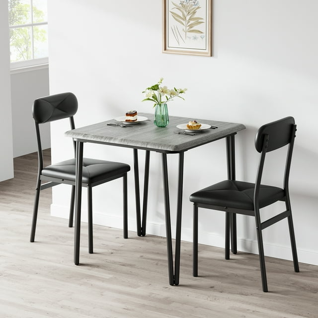 QinaQin 3 Piece Dining Table Set for 2, Square Kitchen Table with 2 Upholstered PU Padded Chairs