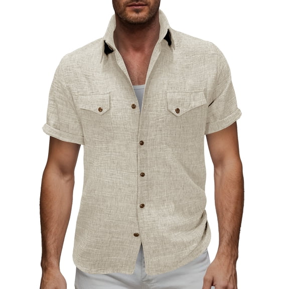 DayScoop Mens Casual Shirts Solid Color Shirt Short Sleeved Double Pocket Turndown Collar Button Top Tees