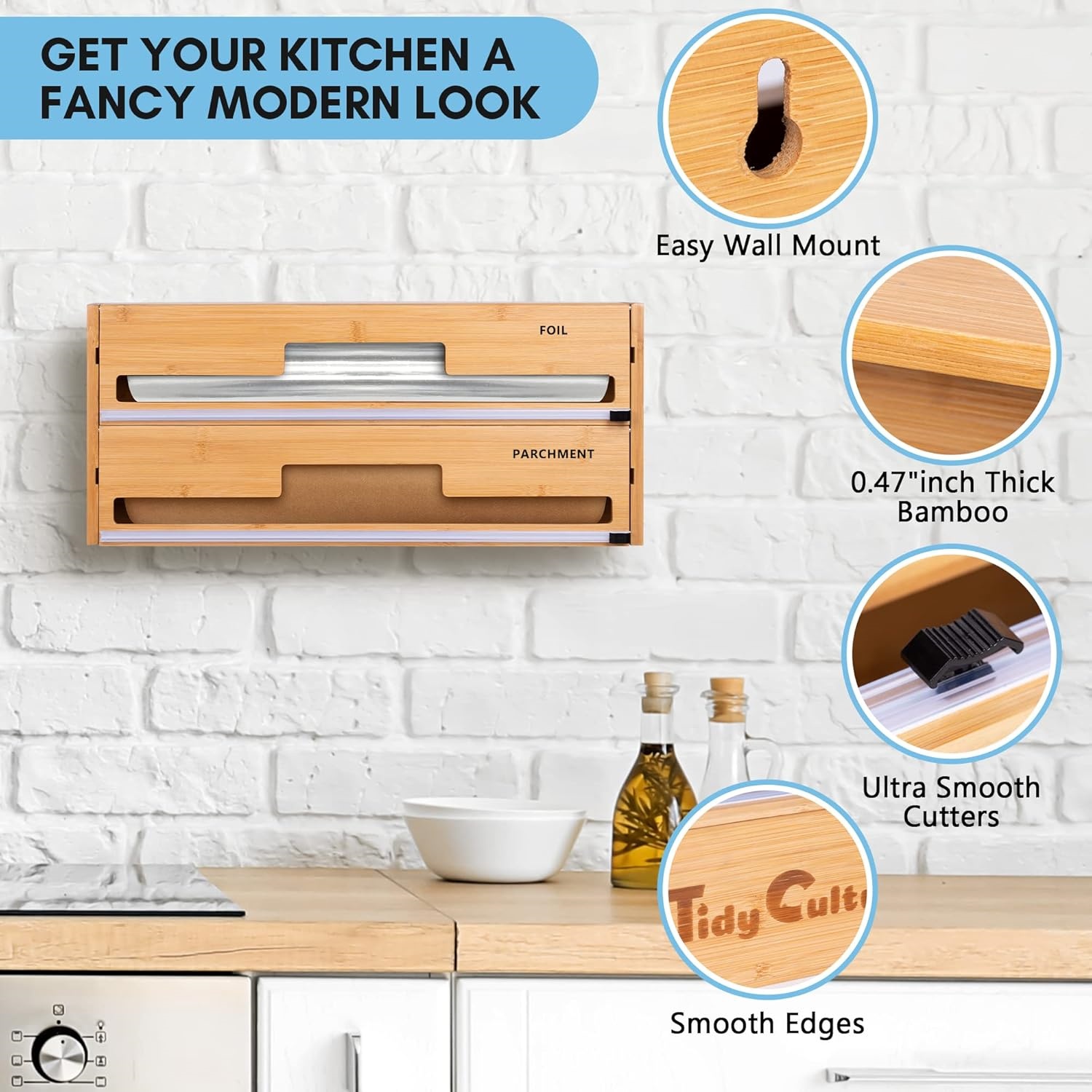 18 Inch Large Foil Wrap Dispenser with Cutter, 2 in 1 Aluminum Butcher Parchment Paper Freezer Tin Wax Cling Foil Plastic Wrap Organizer for Kitchen Drawer Bamboo Storage Roll Holder