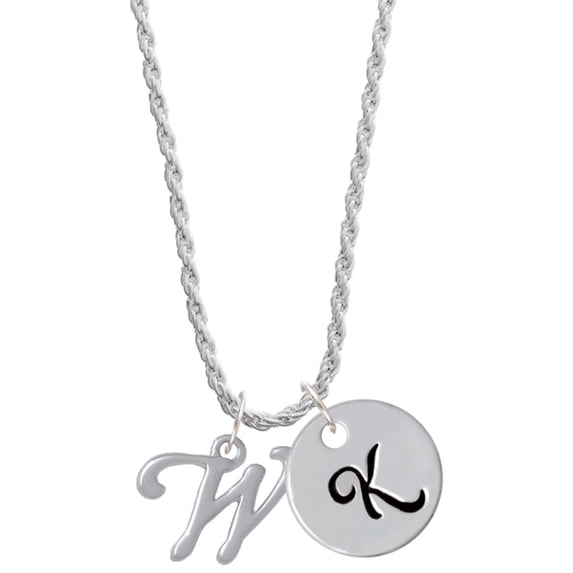 Delight Jewelry Silvertone Small Gelato Script Initial - W - Silvertone Script Initial Disc - K - Charm Necklace, 20"+3"