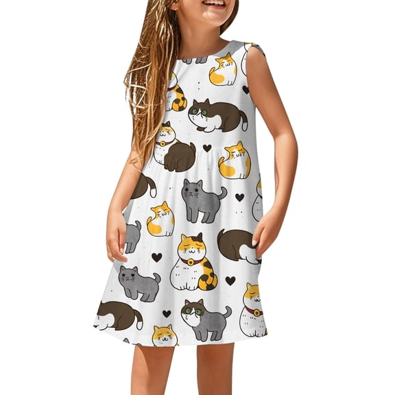 SONXAHE Toddler Girl' Dress Sleeveless Crew Neck Cat Print A Line Nightgown Summer Soft Daily Wear Dresses White