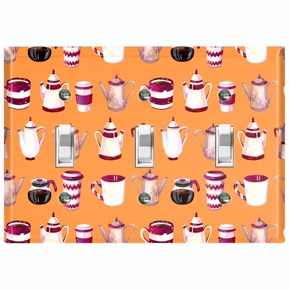 Metal Light Switch Wall Plate Outlet Cover (Coffee Mocha Espresso Tea Pot Kettle Maker Festive Cup Orange Pattern - Triple Toggle)