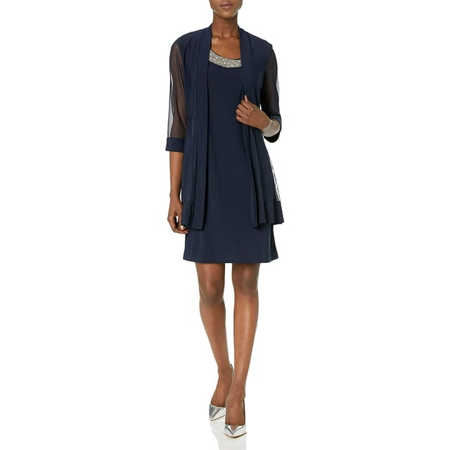 RM Richards Womens 2 Piece Mesh Panel Beaded Neck Jacket Dress
