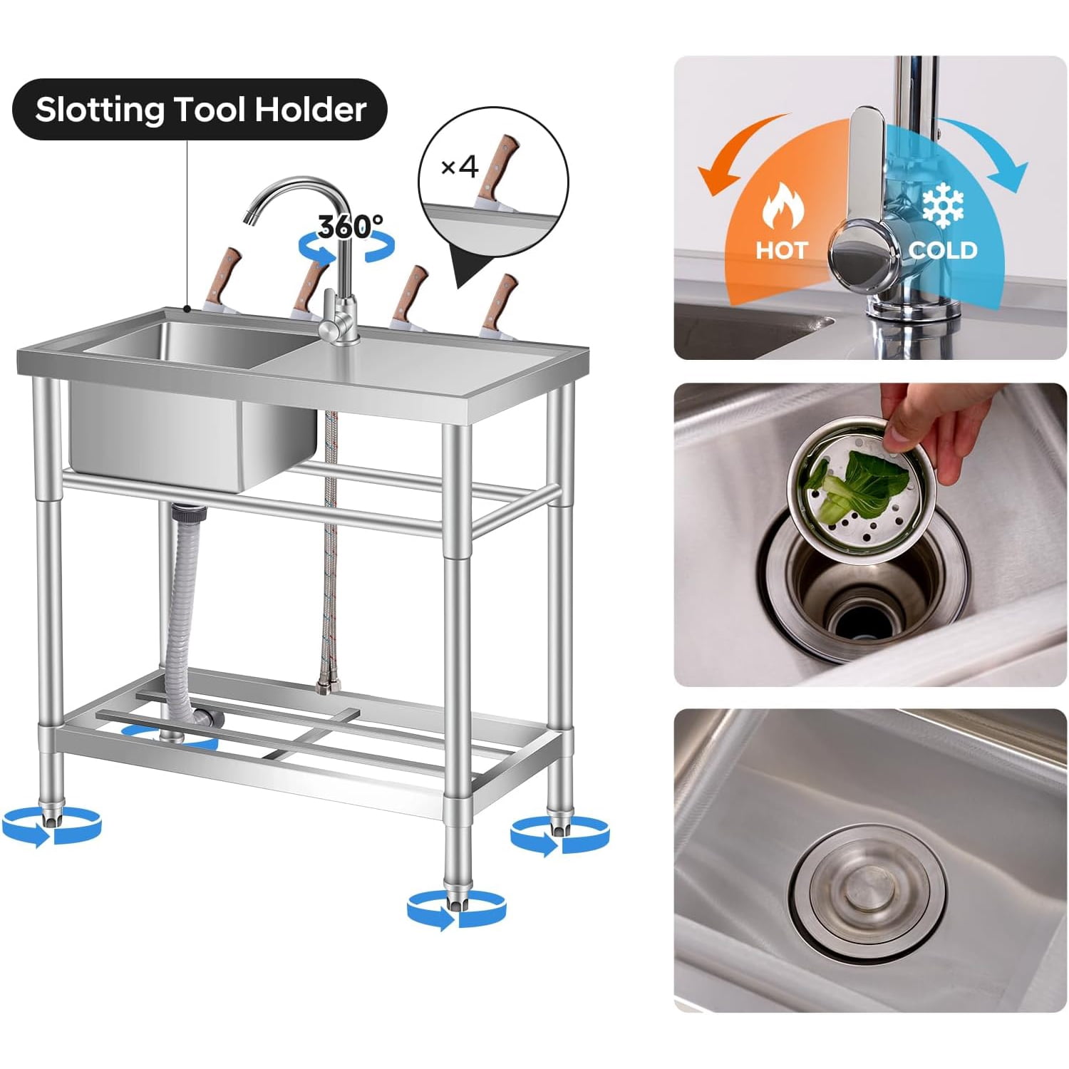 AOILE Stainless Steel Utility Sink with Faucet & Storage, Freestanding Laundry/Kitchen Sink