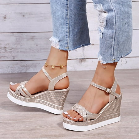 

CHGBMOK Clearance Womens Sandals Summer Ladies Shoes Fish Mouth Medium Wedge Heel Metal Buckle Sandals