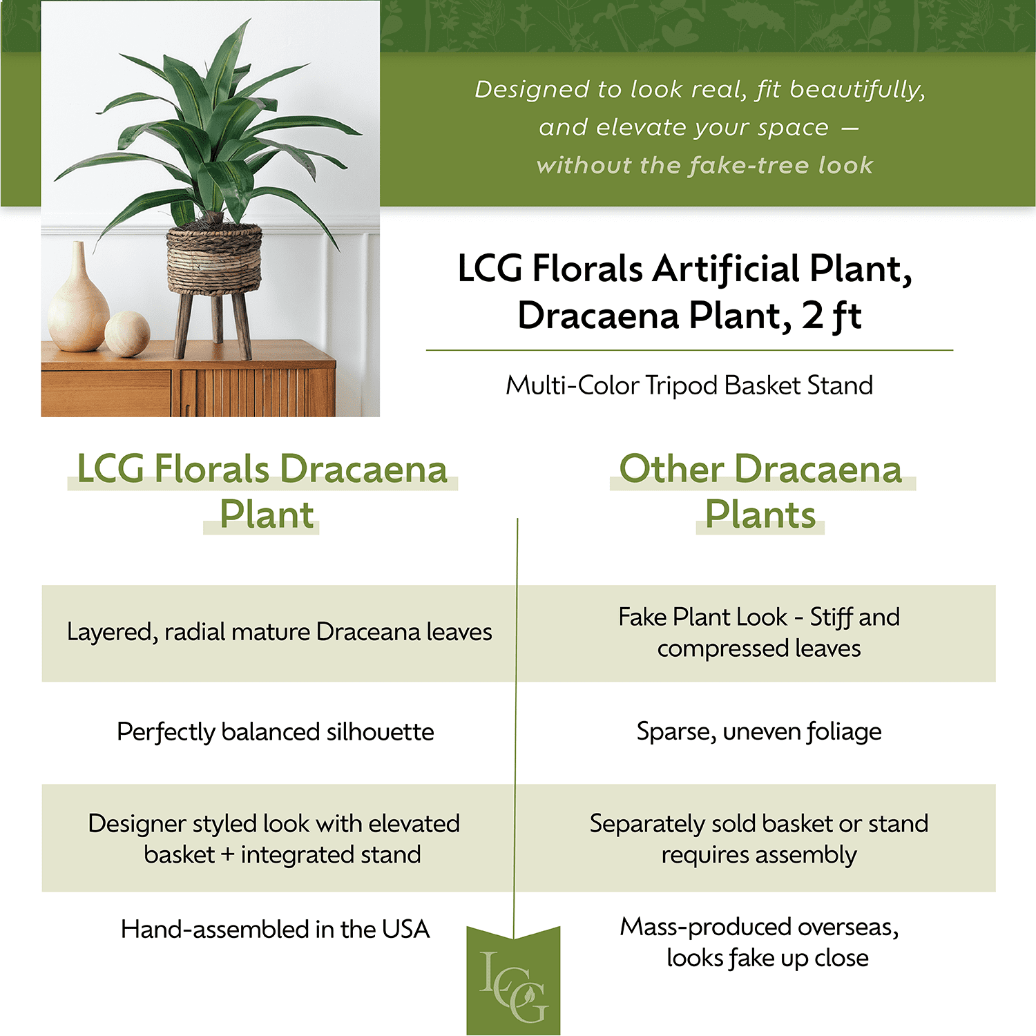 LCG Florals Artificial Plant, Dracaena Plant, 2 ft, Multi-Color Tripod Basket Stand, Faux Designer Indoor Plant for Living Room, Office, & Home Décor
