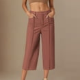 thumbnail image 2 of FRSASU Women's Pants Casual Solid Color Button Elastic Waist Fashion Loose Cropped Pants with Pockets Coffee, 2 of 6
