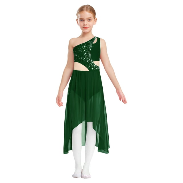 Sxiwei Robe de Danse Ballet Lyrique pour Filles une Épaule Sans Manches Découpe Haute Basse Robe en Maille Fluide Danse Verte 10