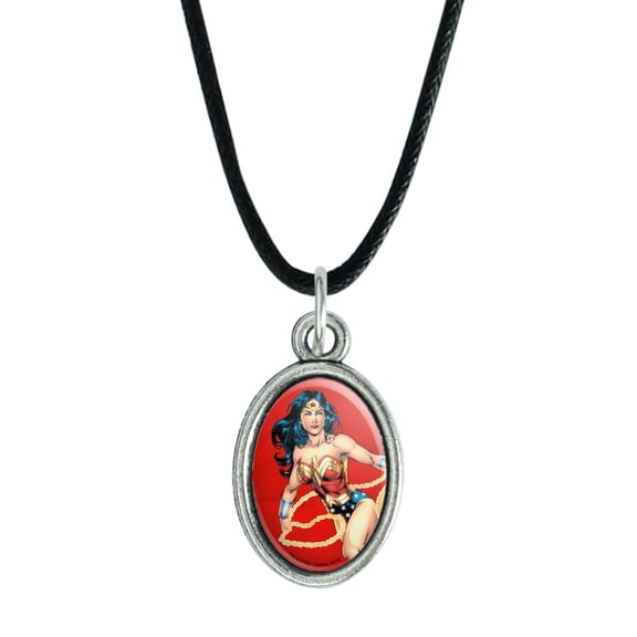 Wonder Woman Character Antiqued Oval Charm Pendant with Black Satin Cord