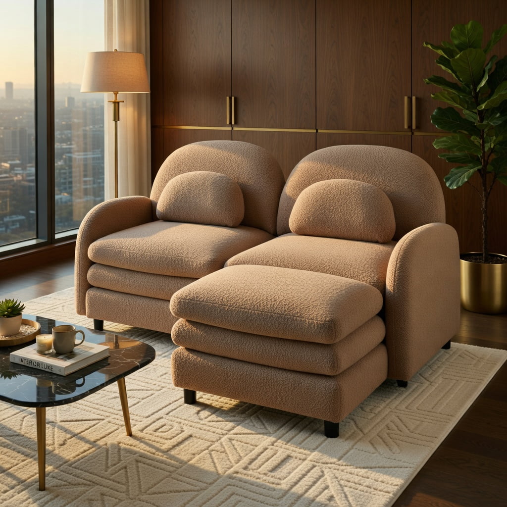 Hommoo Teddy Fleece 2-Seat Modular Loveseat Sofa with Movable Ottoman, Cloud-Like Double-Layer Cushions & Curved Lumbar Support, Camel