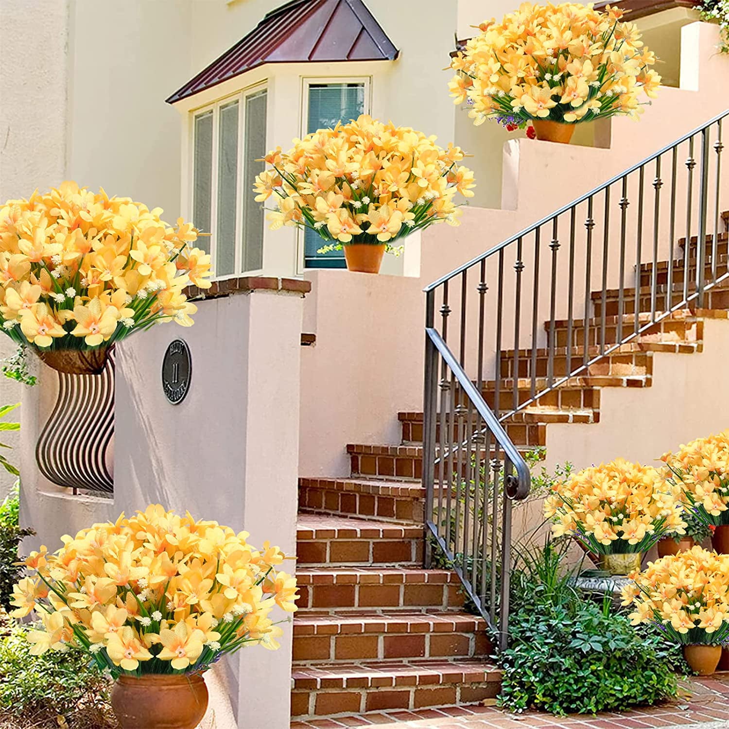 MAMOWEAR 4/8PCS Artificial Daffodils Flowers Outdoor UV Resistant Fake Silk Flowers Faux Plastic Greenery Shrubs Garden Porch Window Box Decoration