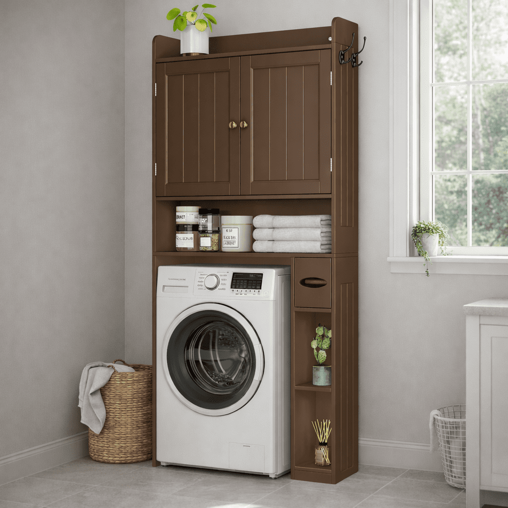 Aiho 70.3" Tall Over the Toilet Storage Cabinet, Bathroom Organizer Above Toilet with Adjustable Shelves & 2 Side Hooks, Space Saver for Bathroom, Laundry, Dark Brown
