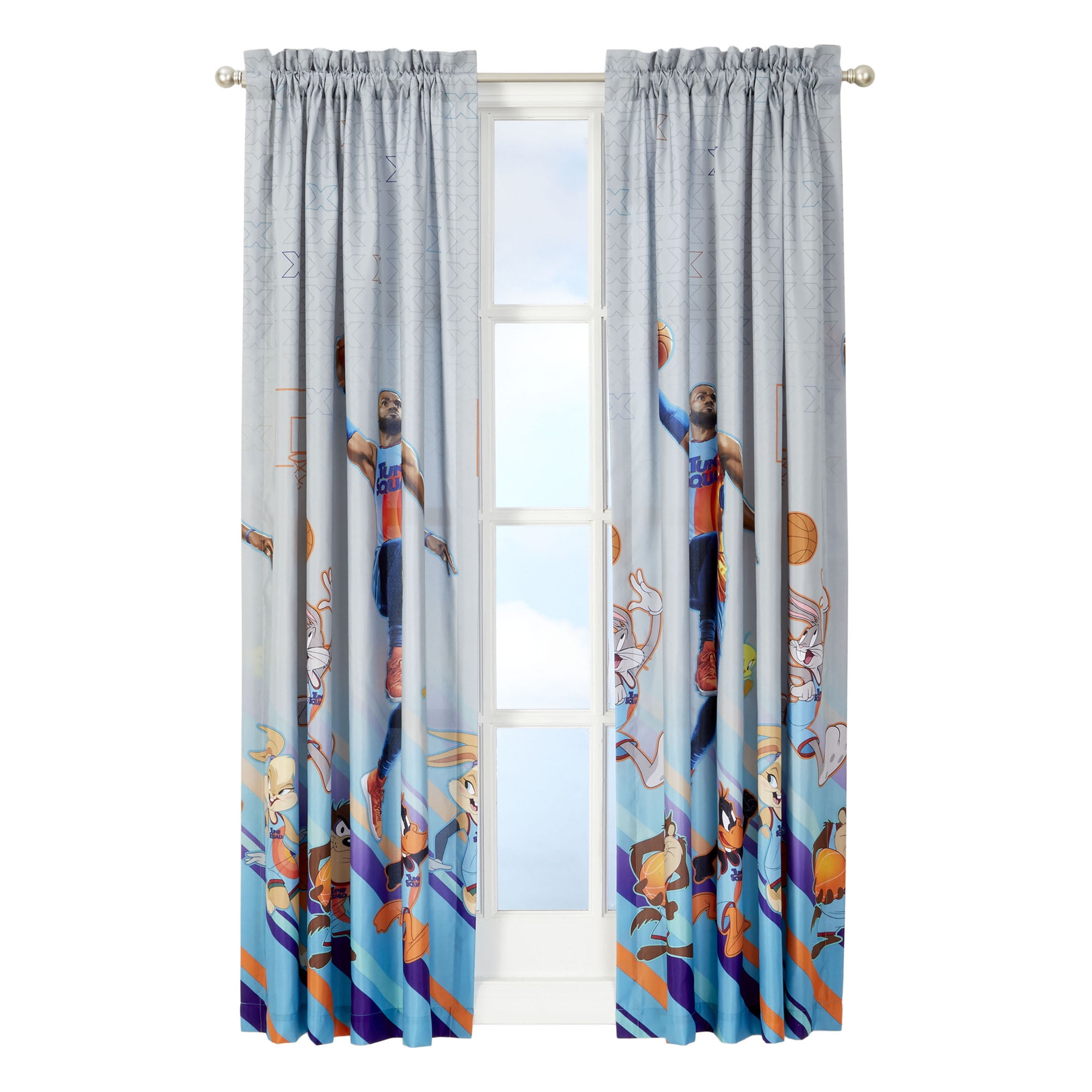 Space Jam Kids Bedroom Window Curtains, 2 Panel Set, 63inch Length, Gray