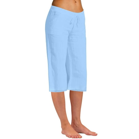 Dtydtpe Women Fashion Solid Color Cotton Flax Elastic Long Pants Beach Leisure Trousers Crop Length Pants Light Blue M
