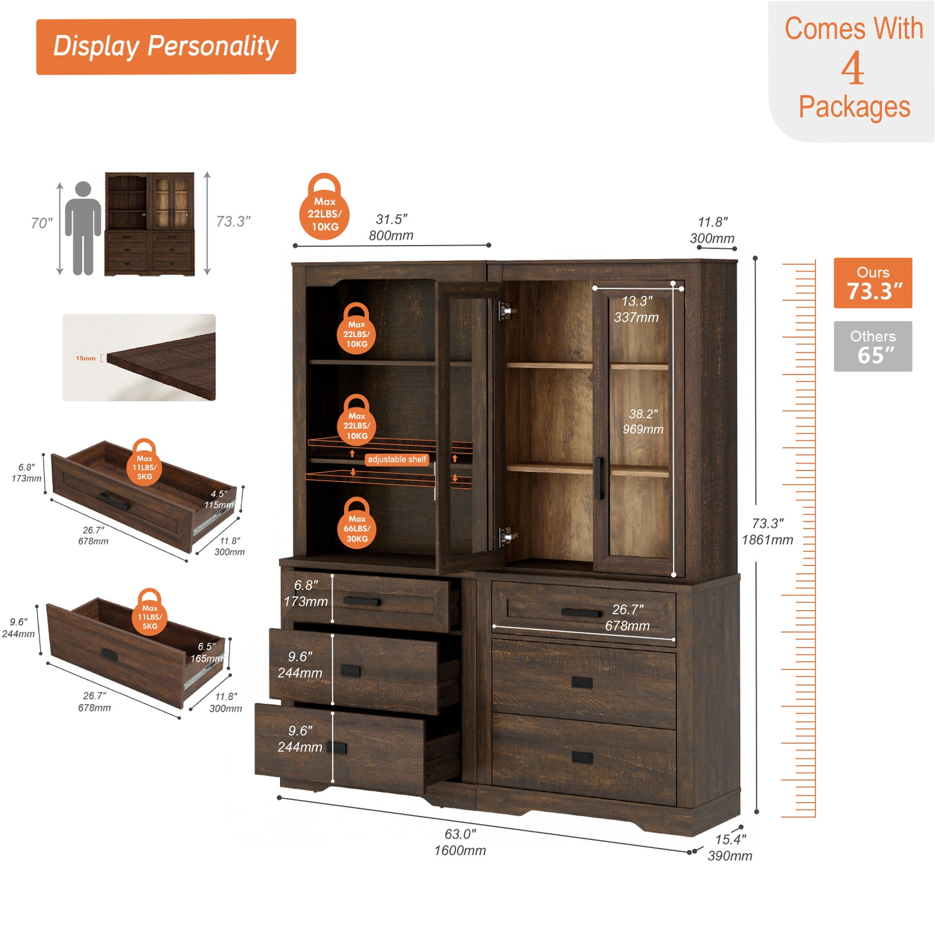 WAMPAT 2 Column 3 Tier Bookcase with Drawer,73.3" Tall Floor Standing Bookshelf,Modern Farmhouse Display Storage Cabinet with Adjustable Shelves for Living Room,Espresso Brown