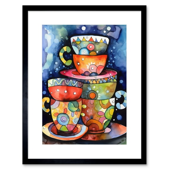 Kitchen Folk Art Mugs And Cups Artwork Framed Print Wall Art 9X7 Inch