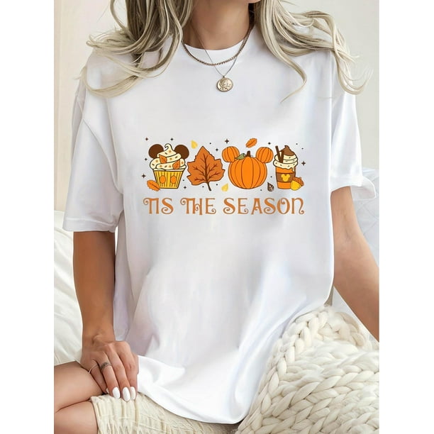 Women's "Tis the Season" Autumn-Themed T-Shirt - Casual & Sporty Round Neck Short Sleeve in Black with Pumpkin & Leaves Print, Comfortable Polyester Blend, Perfect for Summer Activities