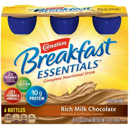 Carnation Breakfast Drink - Carnation Breakfast Essentials, Rich Milk Chocolate, 8 fl. oz. Bottles, 6 Count