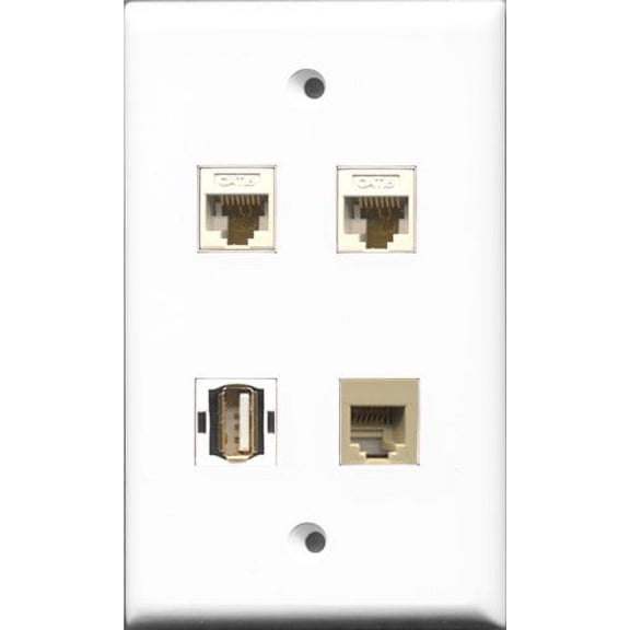 RiteAV 1 Port USB A-A and 1 Port Phone RJ11 RJ12 Beige 2 Port Cat6 Ethernet White Wall Plate