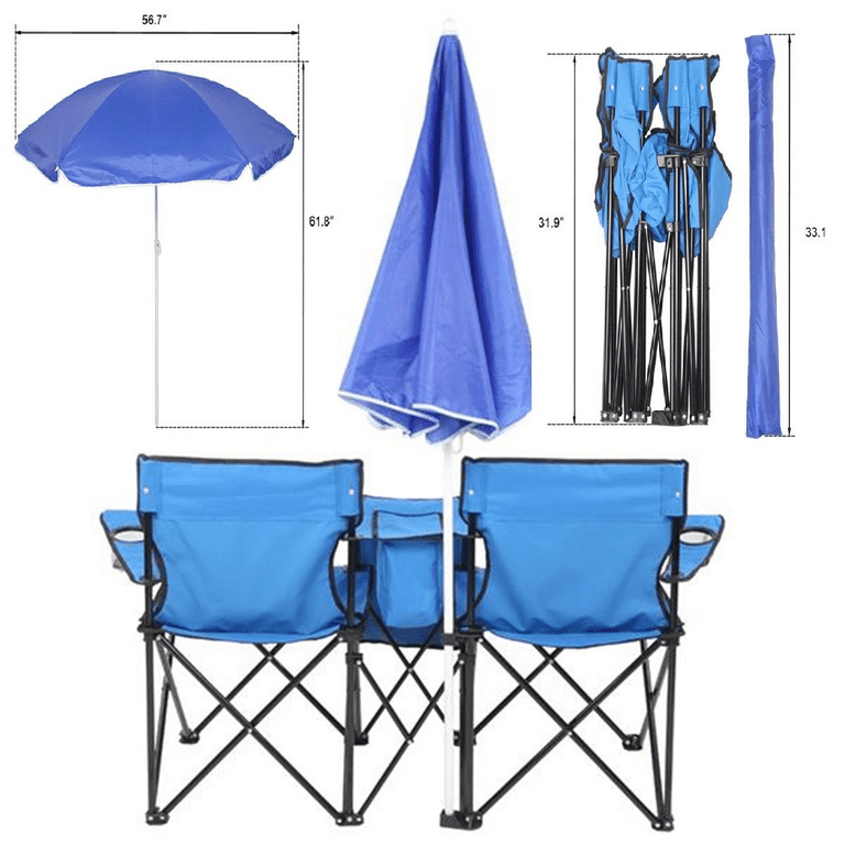Goorabbit Foldable Beach Chair Umbrella Set, Outdoor Shade Chair with  Storage Bag, Double Beach Chair and 53 Inch UV Protection Umbrella for Outdoor  Fishing Support 180lbs,Blue 