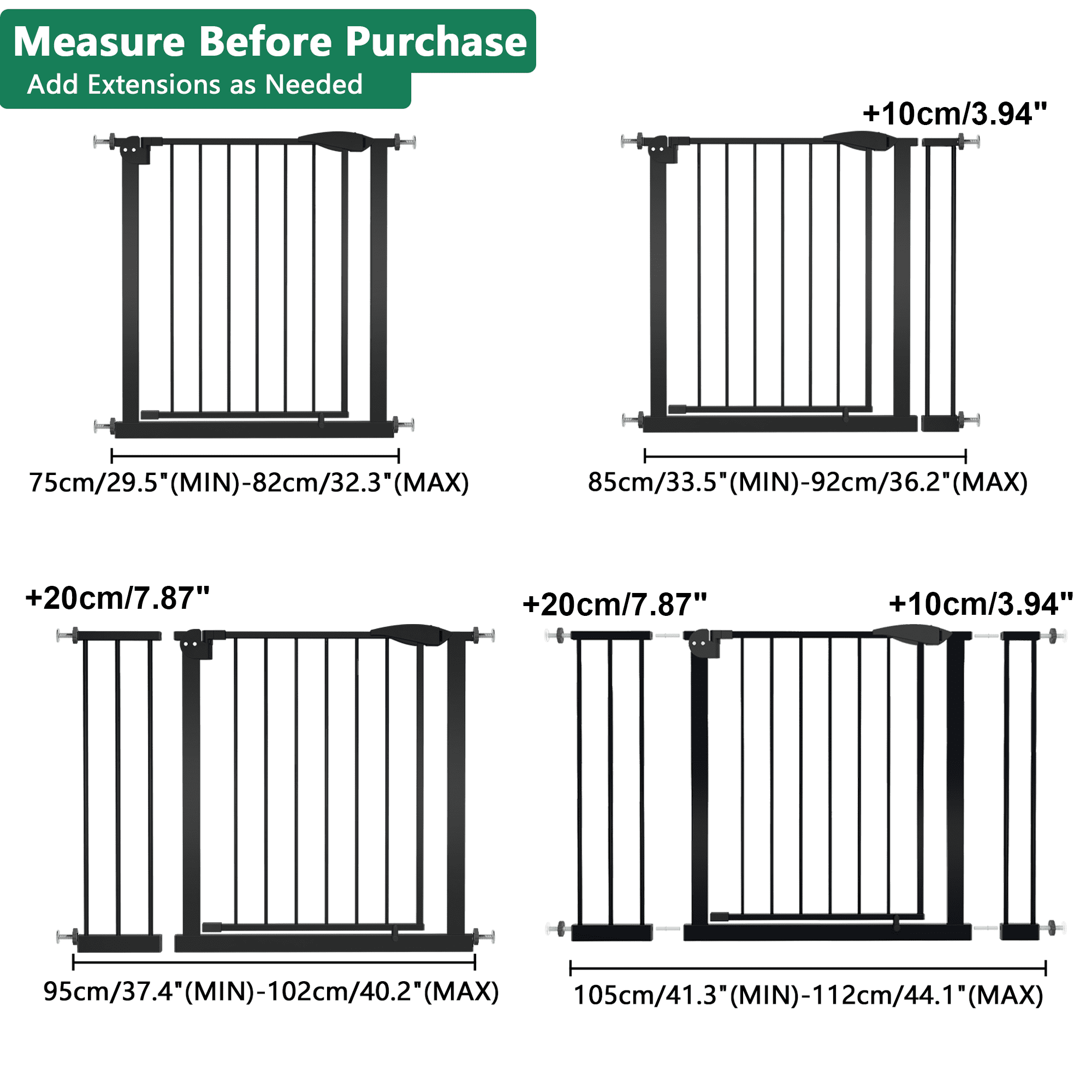 Pressure Mounted Baby Gate 29.5-44.1 Inch for Stairs and Doorways, Safety Gate and Pet Gate for Kids and Dogs with Walk-Through Design, Black