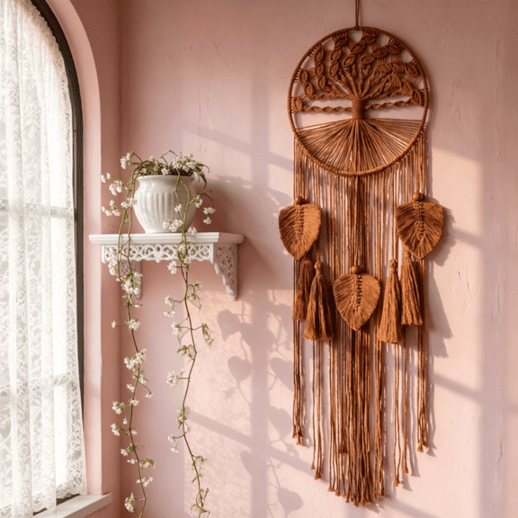 Tree of Life Macrame Wall Hanging Woven Dream Catcher Tapestry Boho Art Decor for Bedroom Living Room Home, Brown