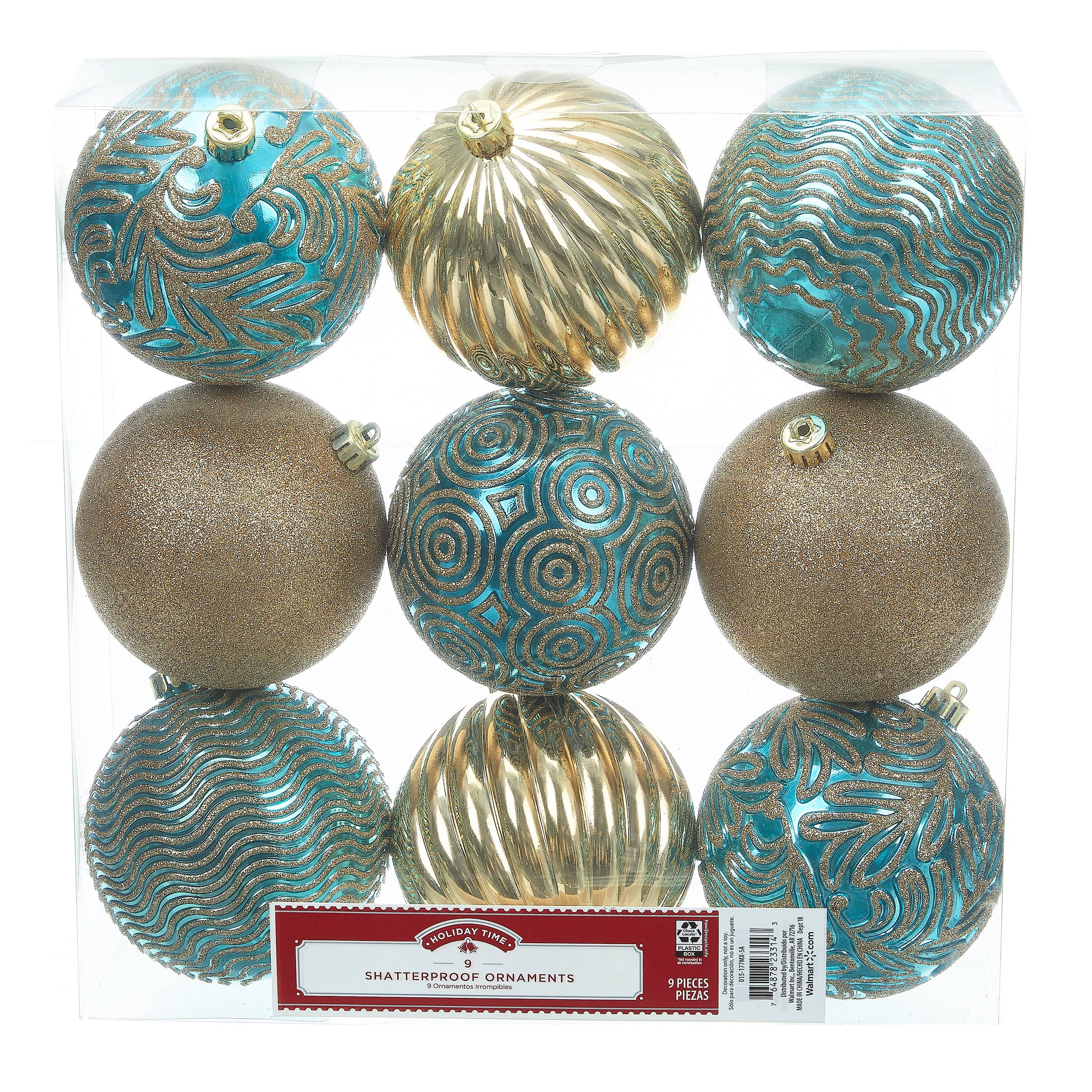 Holiday Time Shatterproof Ornaments, 9Count, Blue Gold