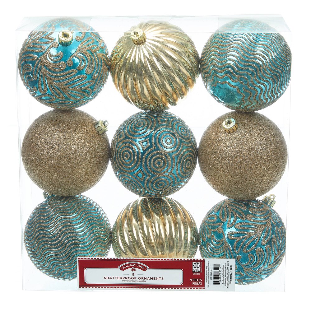 Holiday Time Shatterproof Ornaments, 9Count, Blue Gold