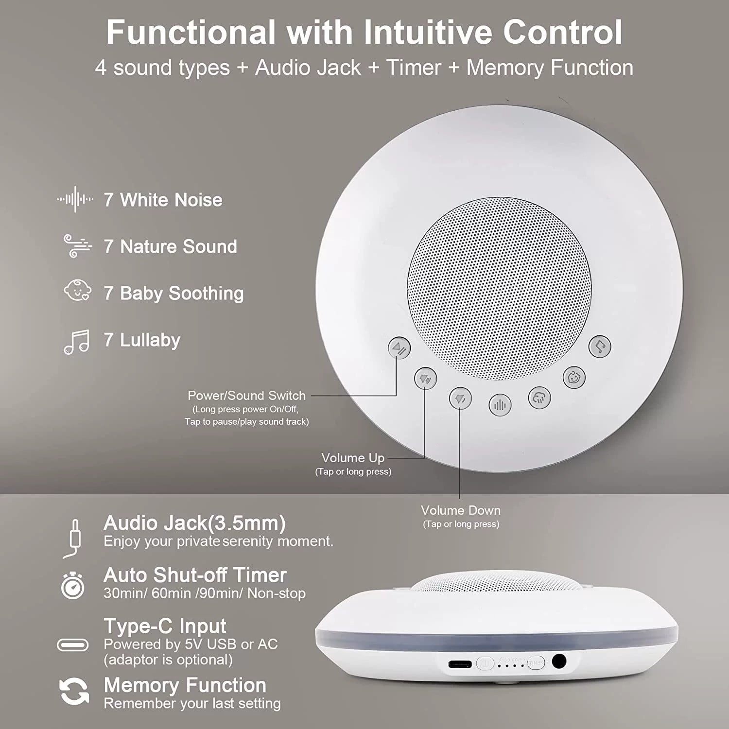 White Noise Sound Machine, Portable Sound Machine for Sleep Baby, Kids & Adults, Travel Soothing Sounds Noise/Lullaby, Rechargeable, Timer, Memory & Night Light for Home, Nursery