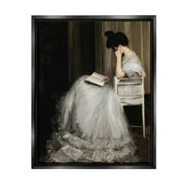 Woman in Gown Reading Portrait Typography Painting Jet Black Framed Art Print Wall Art