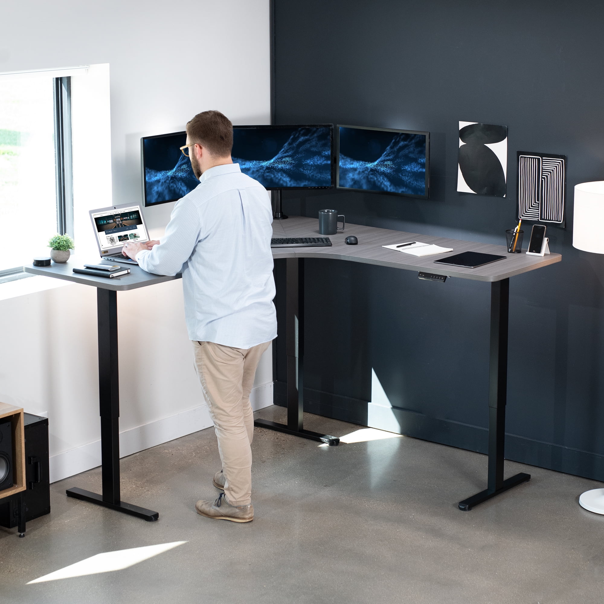 VIVO Dark Gray / Black Electric 71" x 71" Curved Corner Stand Up Desk