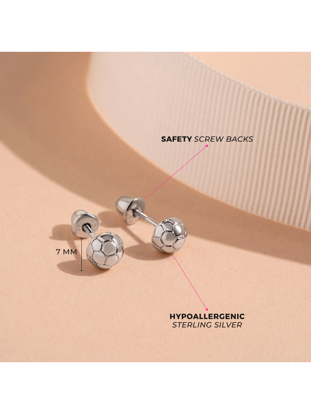 Polished Soccer Ball Kids / Children's Earrings Screw Back - Sterling Silver