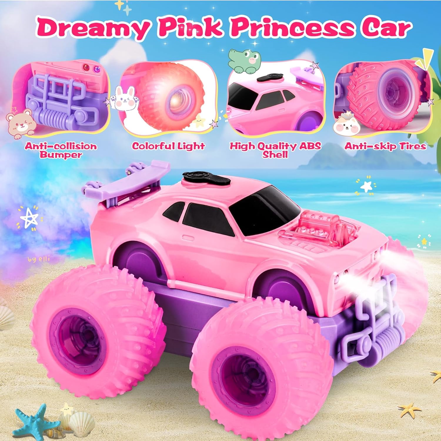 Drefirsa Princess Remote Control Car, Pink Monster Truck with Flashing Light, Spray, Stunt and DIY Sticker