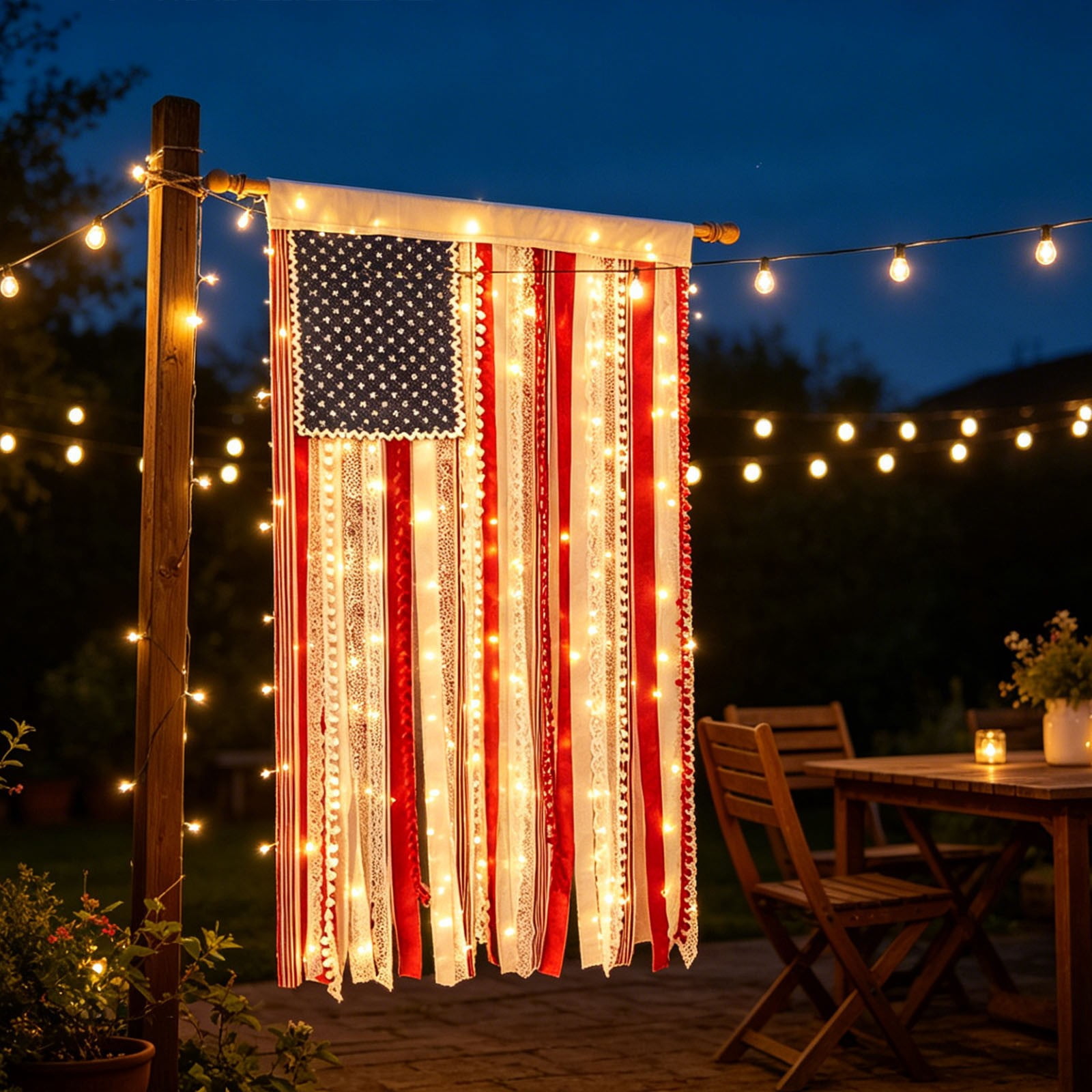 Lighted Rag American Flag Banner, 27×50in Independence Day Fringed Drapery Blue Star Flag, 1776 Decorative Hanging String Lights Flag, for Outdoor Garden Yard Home Party Decoration